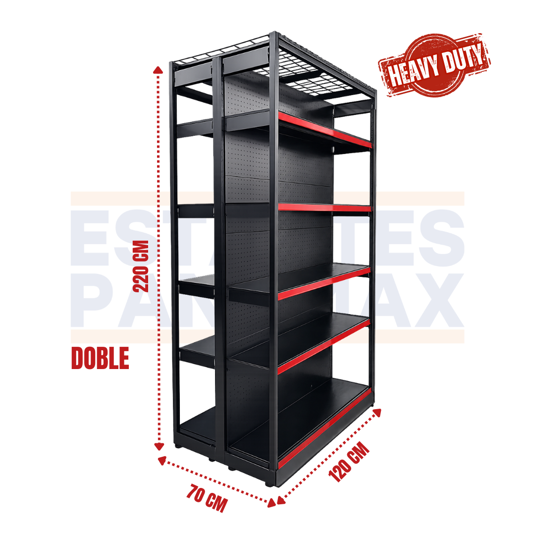 **CALIBRE GRUESO** Góndola Doble Perforado Negro Tipo Cuadrado 220x120x70cm 6 Niveles 275kg/nivel PMX-6002