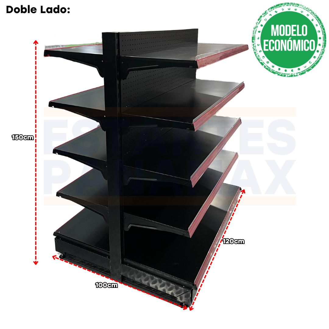 **MODELO ECONÓMICO** Góndola Doble Perforado Negro 5 Niveles 150x120x100cm 75kg/nivel PMX-1259