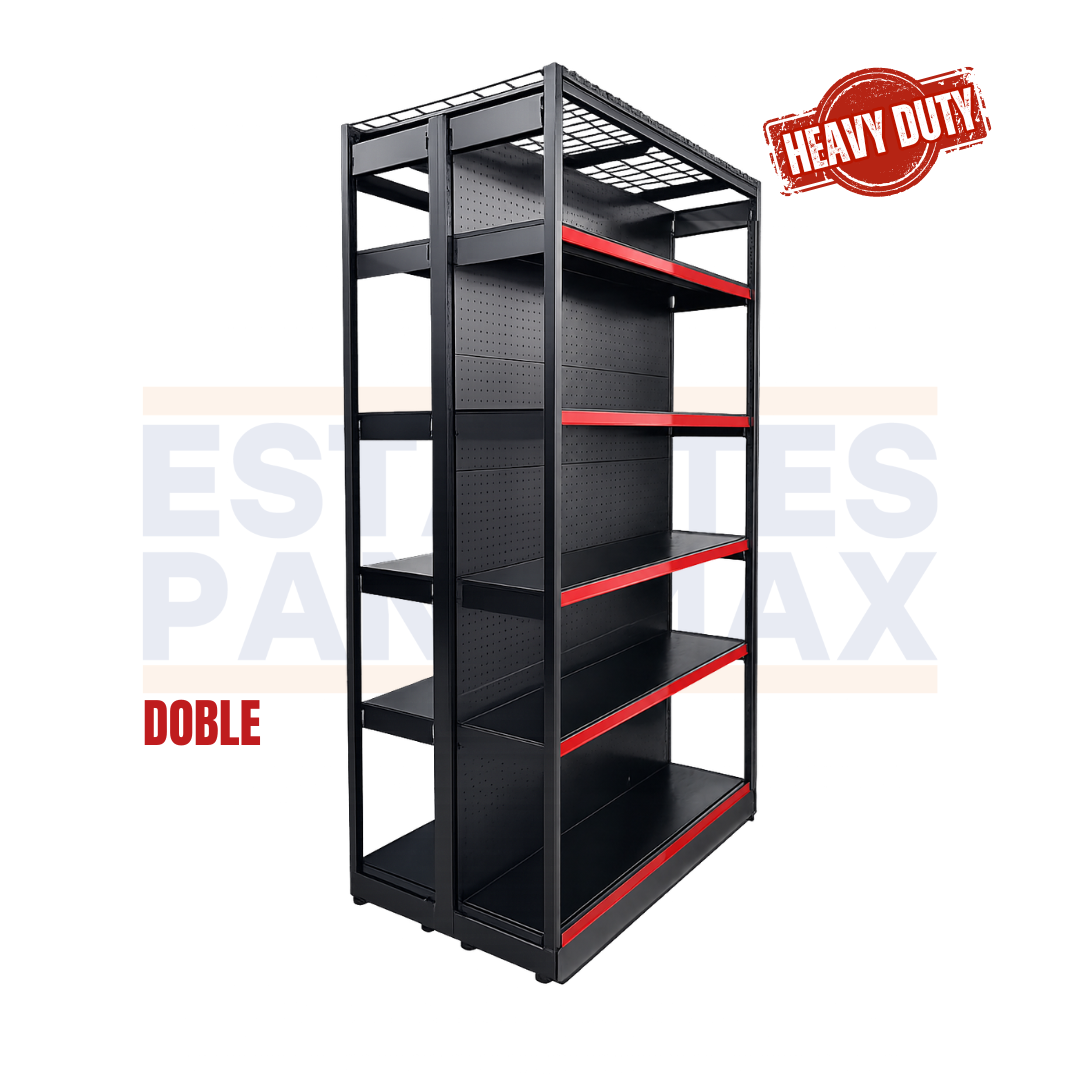**CALIBRE GRUESO** Góndola Doble Perforado Negro Tipo Cuadrado 220x120x70cm 6 Niveles 275kg/nivel PMX-6002
