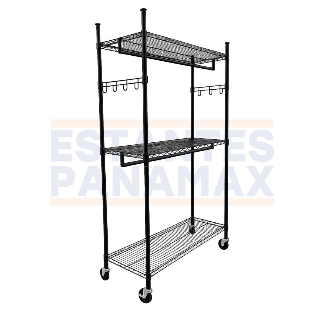 Rack de Almacenamiento Metálico con Ruedas de 3 Niveles Multiuso o Tipo Perchero Negro 198x122x45cm KW-027
