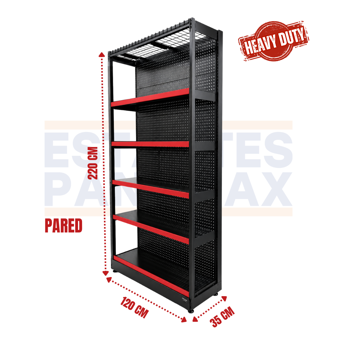 **CALIBRE GRUESO** Góndola Pared Perforado Negro Tipo Cuadrado 220x120x35cm 6 Niveles 275kg/nivel PMX-6001