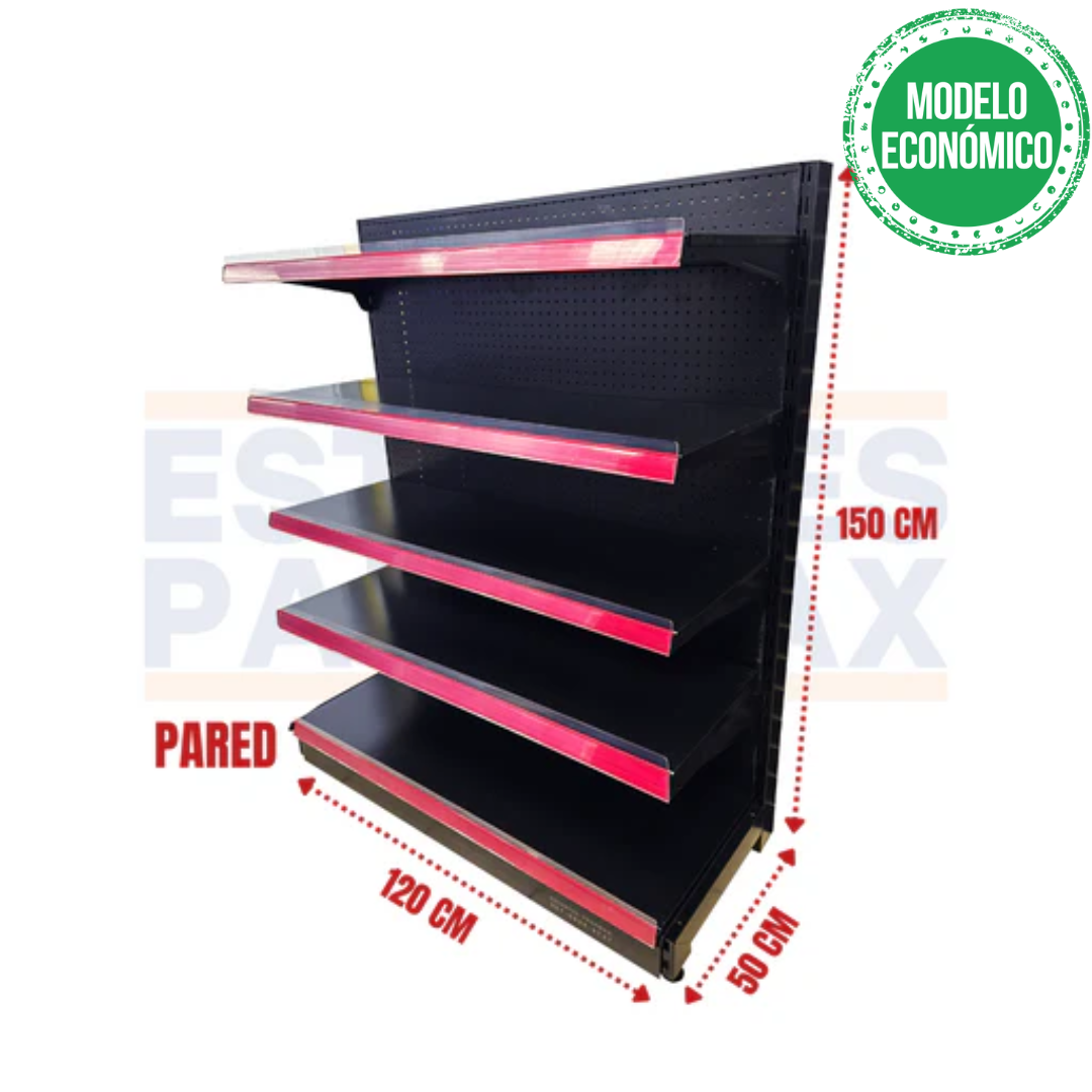**MODELO ECONÓMICO** Góndola Pared Perforado Negro 5 Niveles 150x120x50cm 75kg/nivel PMX-1260