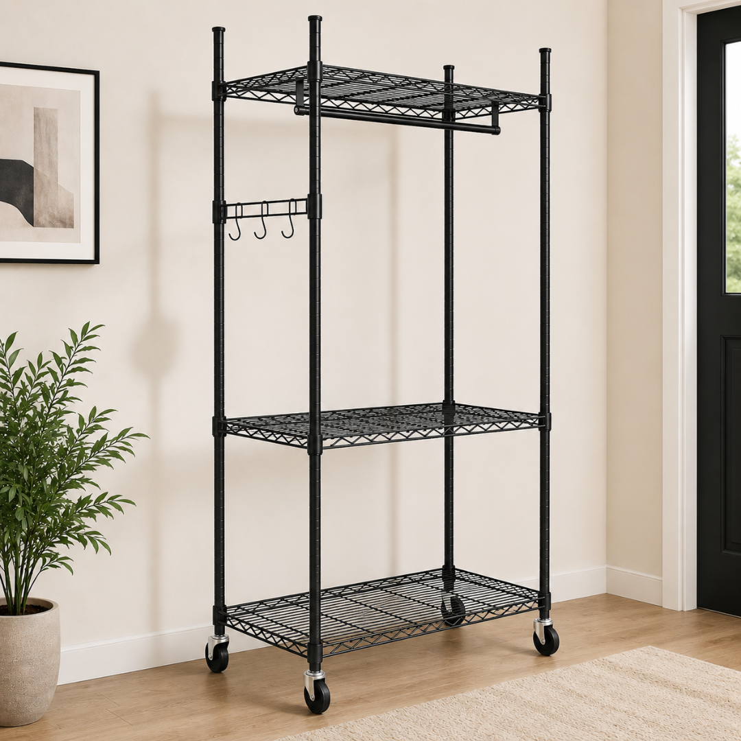 Rack de Almacenamiento Metálico con Ruedas de 3 Niveles Multiuso o Tipo Perchero Negro 198x122x45cm KW-027