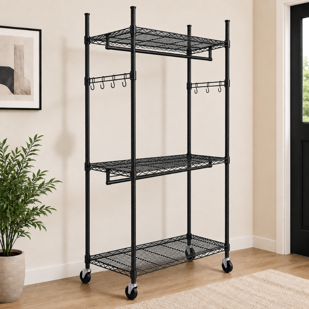 Rack de Almacenamiento Metálico con Ruedas de 3 Niveles Multiuso o Tipo Perchero Negro 198x122x45cm KW-027