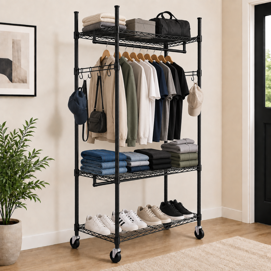 Rack de Almacenamiento Metálico con Ruedas de 3 Niveles Multiuso o Tipo Perchero Negro 198x122x45cm KW-027