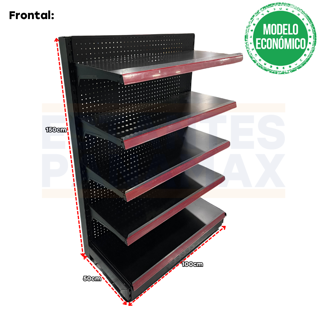 **MODELO ECONÓMICO** Góndola Frontal Perforado Negro 5 Niveles 150x100x50cm 75kg/nivel PMX-1261