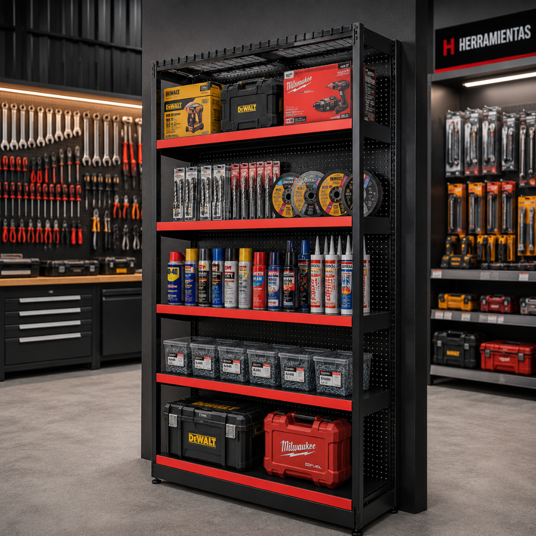 **CALIBRE GRUESO** Góndola Pared Perforado Negro Tipo Cuadrado 220x120x35cm 6 Niveles 275kg/nivel PMX-6001