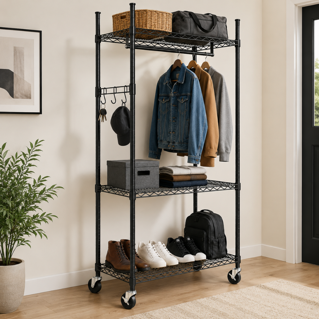 Rack de Almacenamiento Metálico con Ruedas de 3 Niveles Multiuso o Tipo Perchero Negro 198x122x45cm KW-027