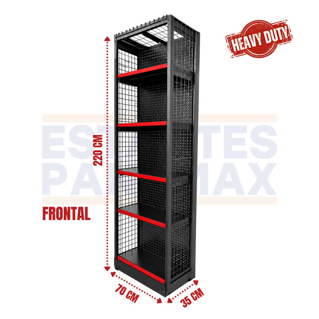 **CALIBRE GRUESO** Góndola Frontal Perforado Negro Tipo Cuadrado 220x70x35cm 6 Niveles 275kg/nivel PMX-6003
