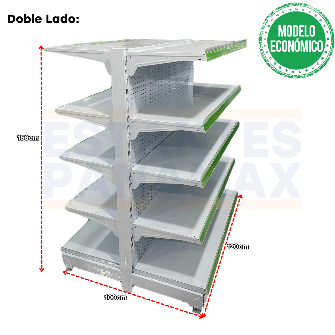 **MODELO ECONÓMICO** Góndola Doble Perforado Blanco 5 Niveles 150x120x100cm 75kg/nivel PMX-1262
