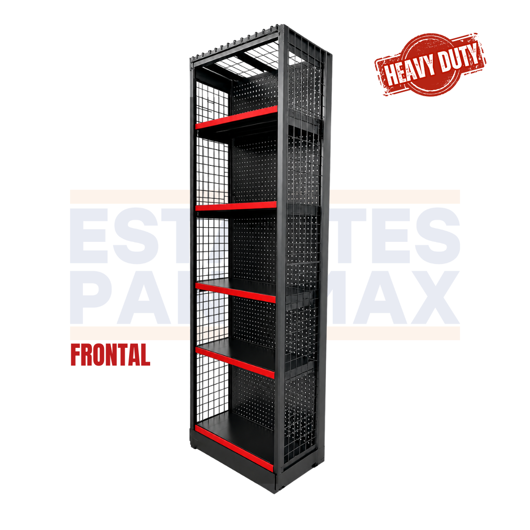 **CALIBRE GRUESO** Góndola Frontal Perforado Negro Tipo Cuadrado 220x70x35cm 6 Niveles 275kg/nivel PMX-6003