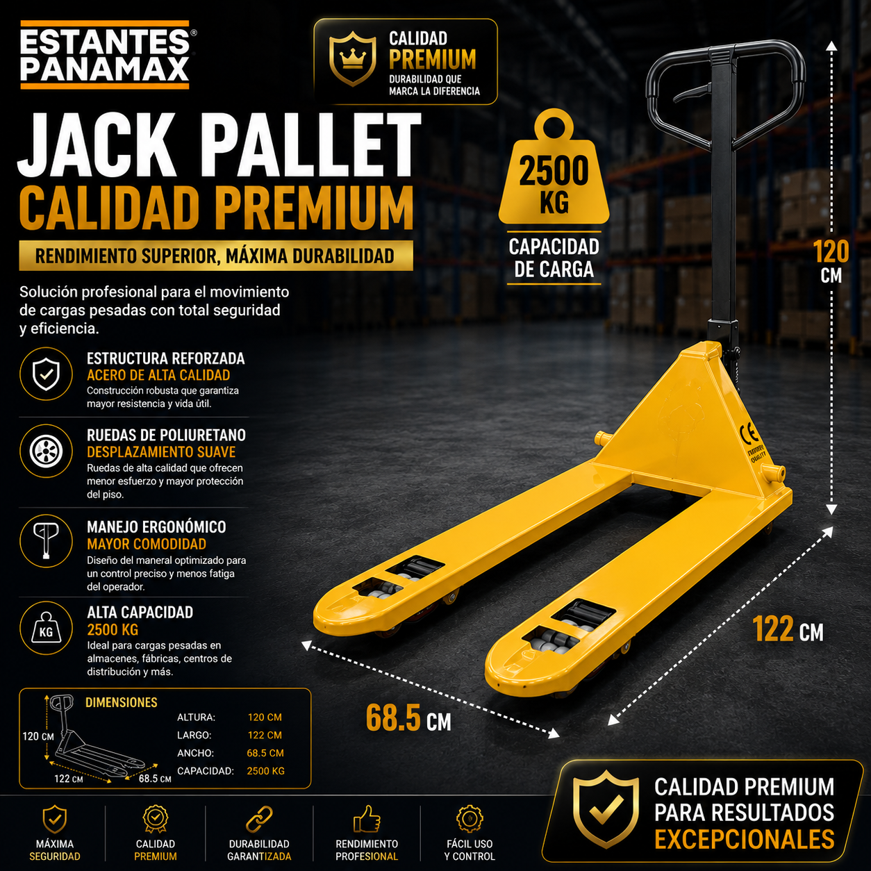 (CALIBRE GRUESO) Transpaleta Manual Jack Pallet Hand Pallet 2500kg Modelo Americano Amarillo 122X68.5cm PMX-1407