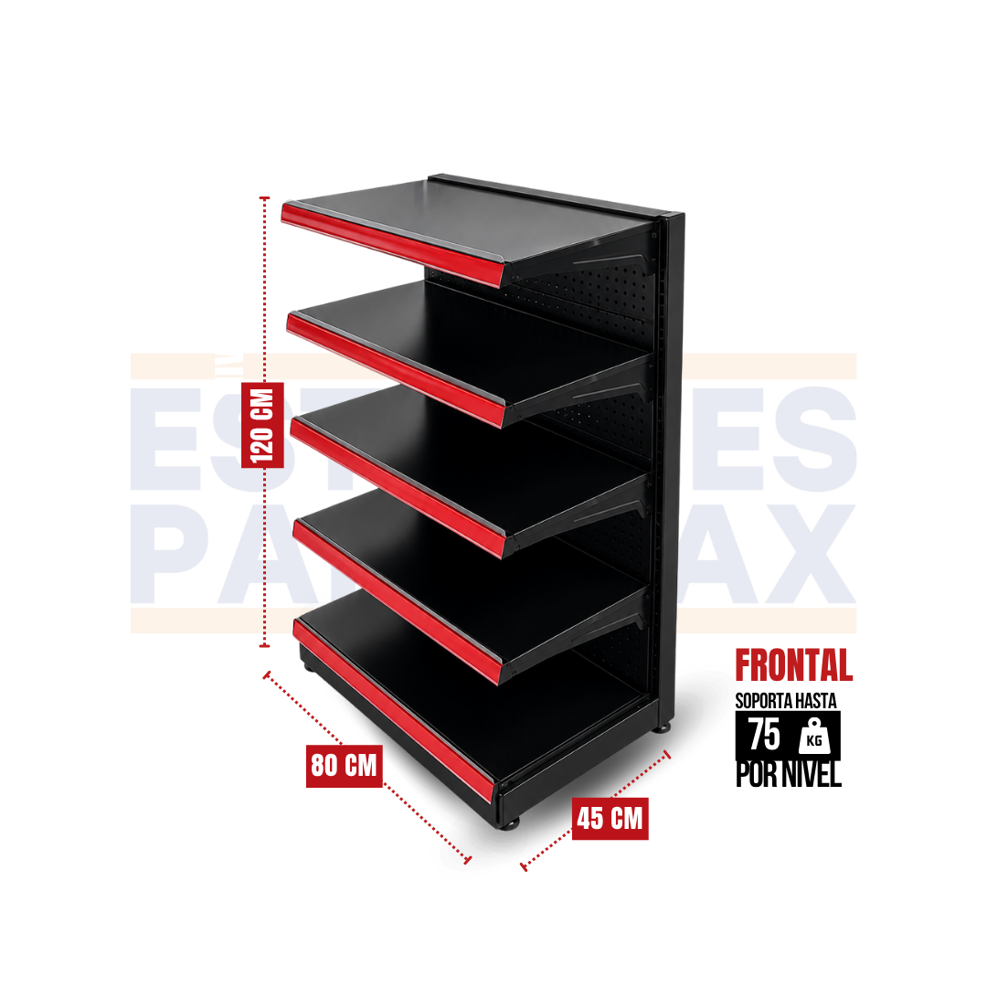 Góndola Frontal Perforado Negro 5 Niveles 120x80x45cm 75kg/nivel PMX-1113