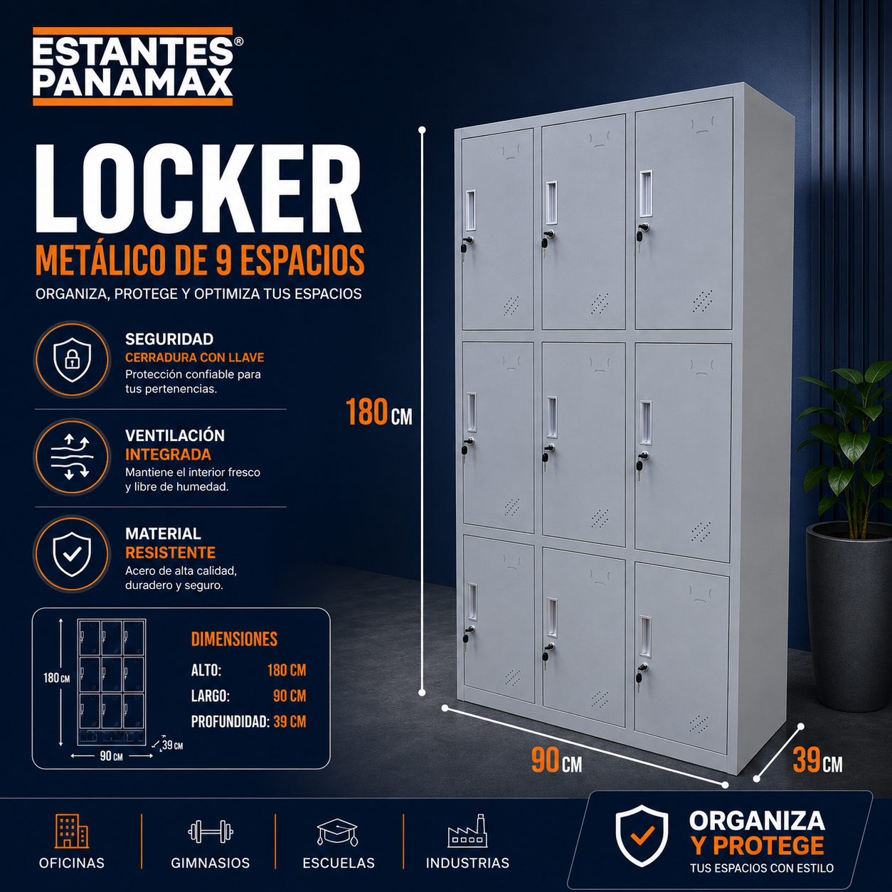 Locker Casillero Metálico de 9 Casillas con Cerradura con Llave 180x90x42cm KY-G031