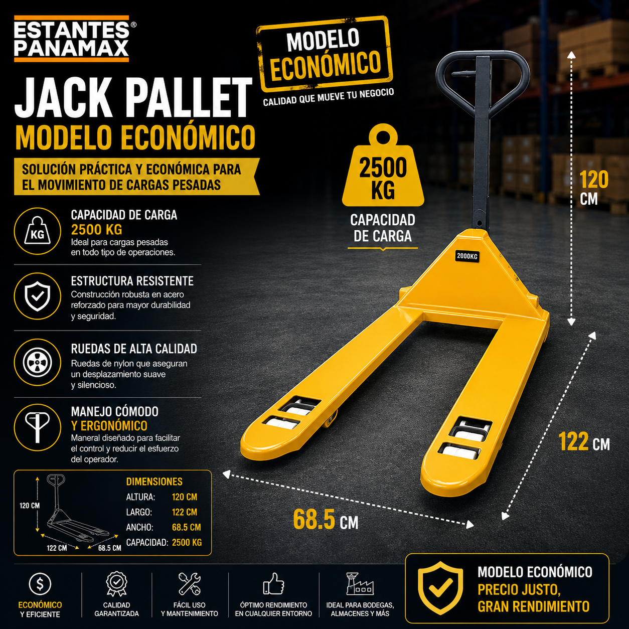 (CALIBRE ECONOMICO) Transpaleta Manual Jack Pallet Hand Pallet 2500kg Modelo Americano Amarillo 122X68.5cm PMX-1409