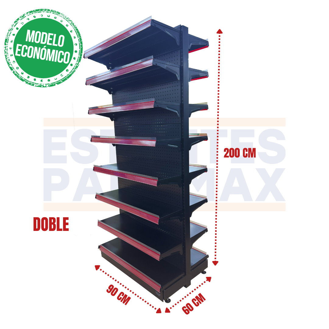 **MODELO ECONÓMICO** Góndola Doble Perforado Negro 8 Niveles 200x90x60cm 75kg/nivel PMX-3005-D