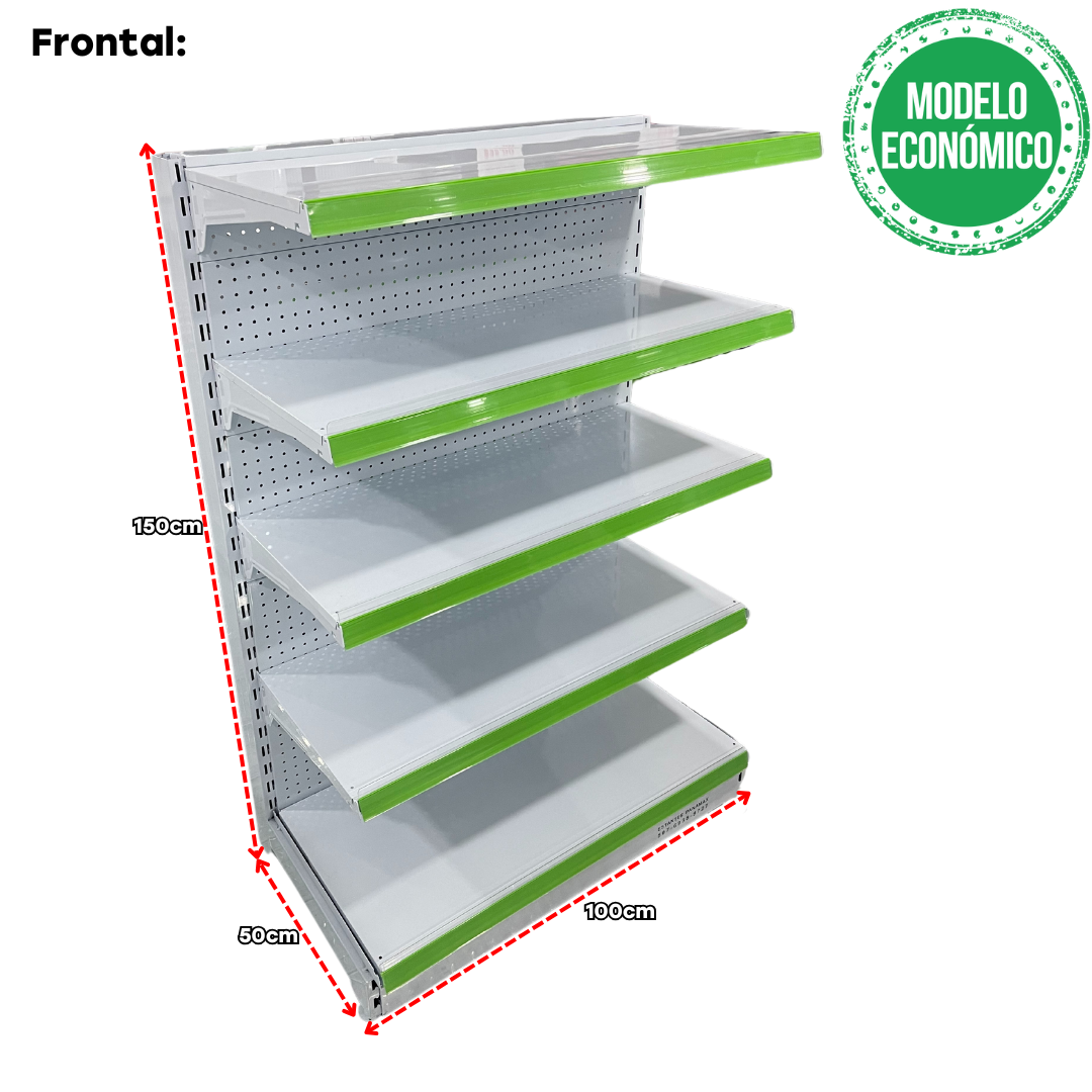**MODELO ECONÓMICO** Góndola Frontal Perforado Blanco 5 Niveles 150x100x50cm 75kg/nivel PMX-1264