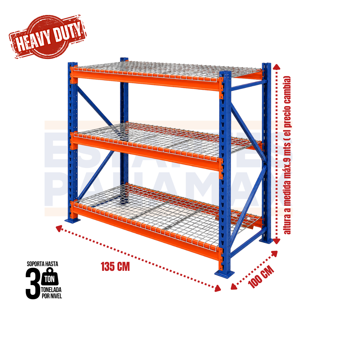 Rack de Bodega de Carga Pesada 3000kg/Nivel con Mallas 135x100cm PMX-1143-135 ***SE VENDE POR PIEZAS***