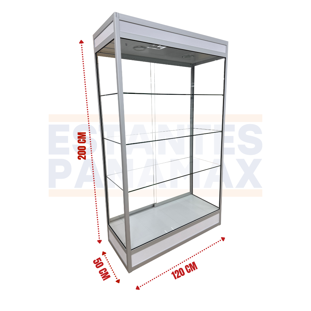 Vitrina Vertical de Aluminio Plateado con Base Blanco 3 Niveles con LED 200x120x50cm KS-005 / KW-006