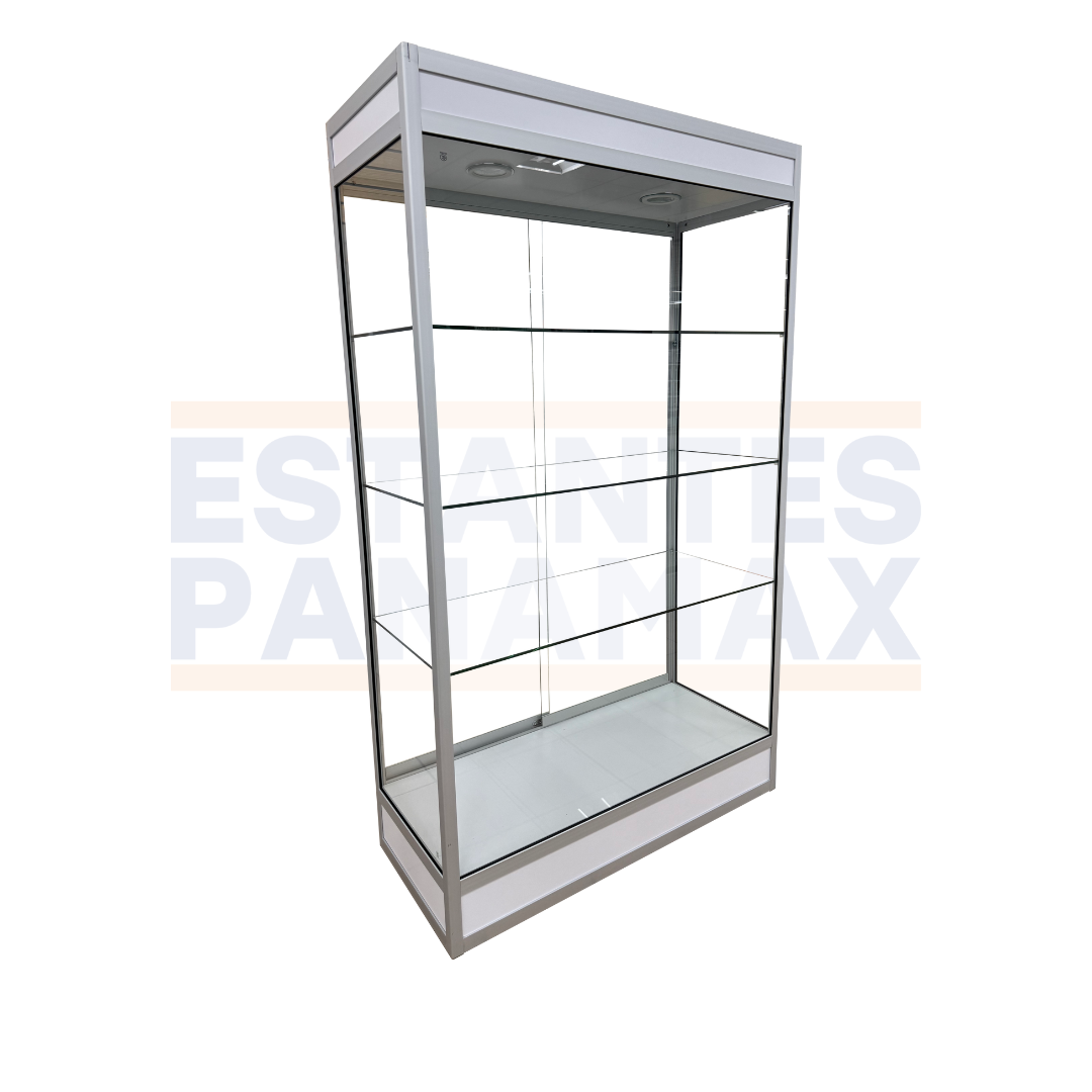Vitrina Vertical de Aluminio Plateado con Base Blanco 3 Niveles con LED 200x120x50cm KS-005 / KW-006