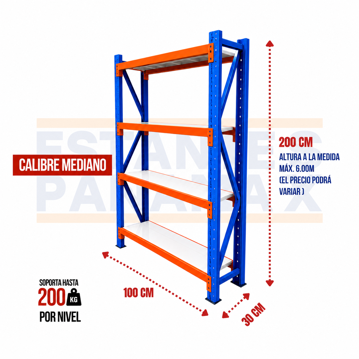 Rack para Bodega de Carga Mediana de 4 Niveles 200kg/Nivel 200x100x30cm PMX-7030-100