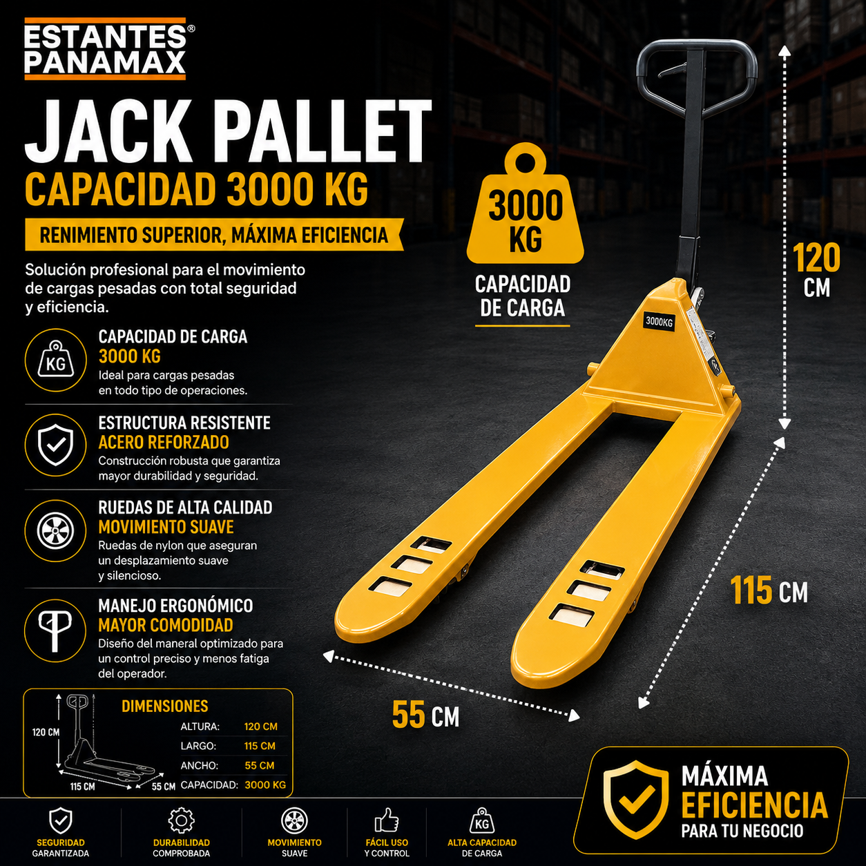Transpaleta Manual Jack Pallet Hand Pallet 3000kg Modelo Europeo Amarillo 115X55cm PMX-1406
