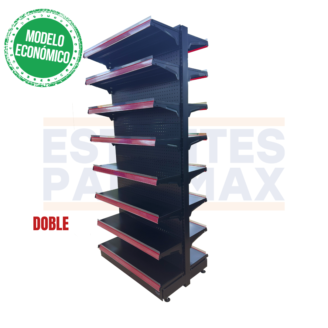 **MODELO ECONÓMICO** Góndola Doble Perforado Negro 8 Niveles 200x90x60cm 75kg/nivel PMX-3005-D