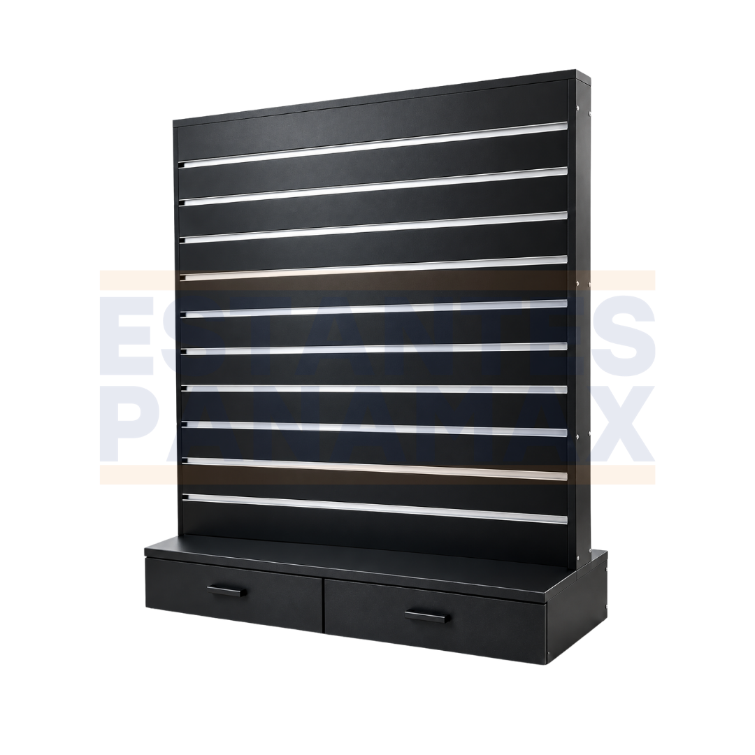Panel Mueble Exhibidor de Productos MDF Negro con Rieles, Cajones y Base 120×66×135cm Tipo Isla KW-030-BLK