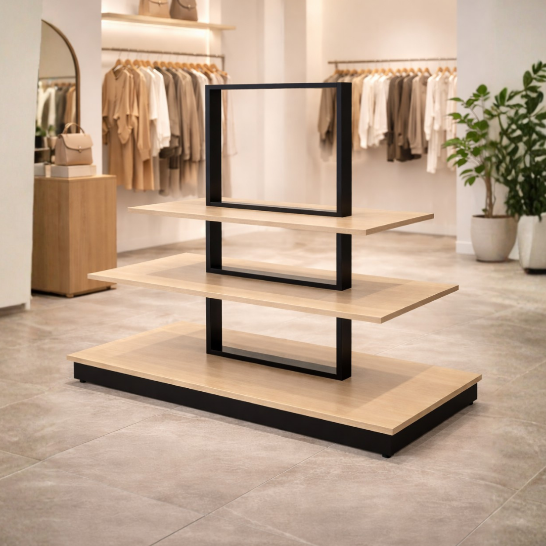 Mueble Mesa Exhibidor Central Tipo Isla de 3 Niveles Negro con Diseño Madera 200x100x90cm PMX-1390
