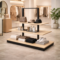 Mueble Mesa Exhibidor Central Tipo Isla de 3 Niveles Negro con Diseño Madera 200x100x90cm PMX-1390