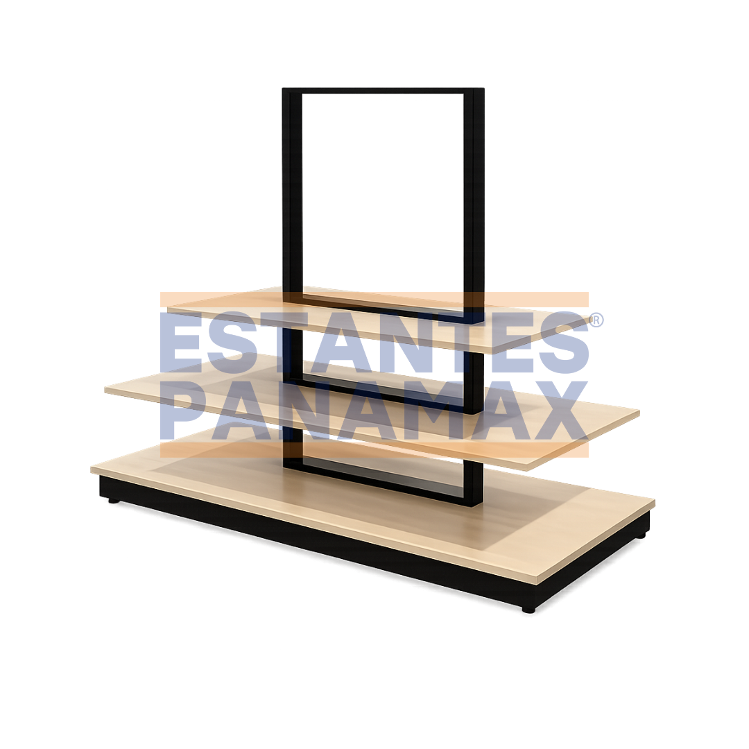 Mueble Mesa Exhibidor Central Tipo Isla de 3 Niveles Negro con Diseño Madera 200x100x90cm PMX-1390