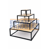 Mueble Mesa Exhibidor Central Tipo Isla de 4 Niveles Negro con Diseño Madera 135x200x100cm PMX-1391
