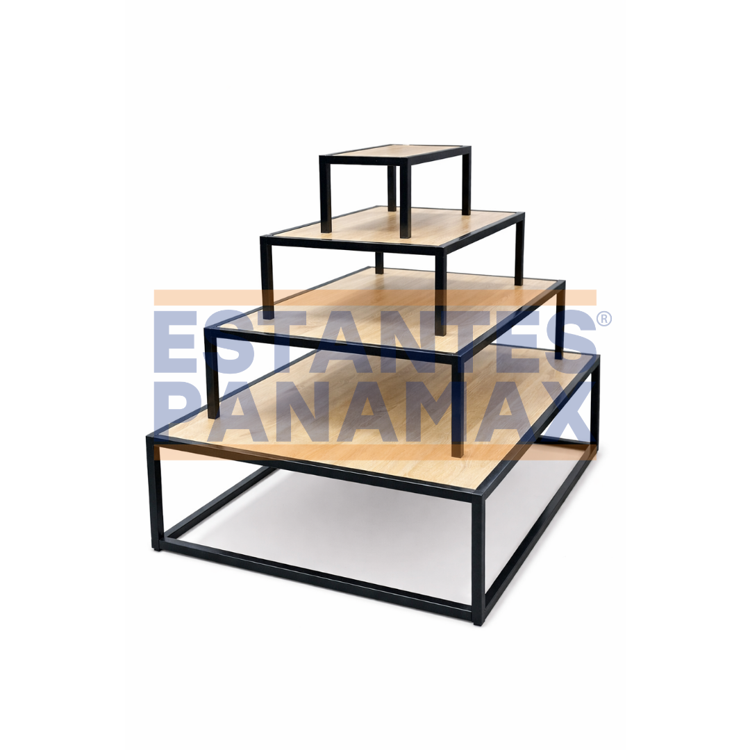 Mueble Mesa Exhibidor Central Tipo Isla de 4 Niveles Negro con Diseño Madera 135x200x100cm PMX-1391