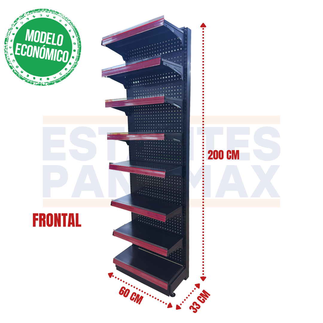 **MODELO ECONÓMICO** Góndola Frontal Perforado Negro 8 Niveles 200x60x33cm 75kg/nivel PMX-3005-F