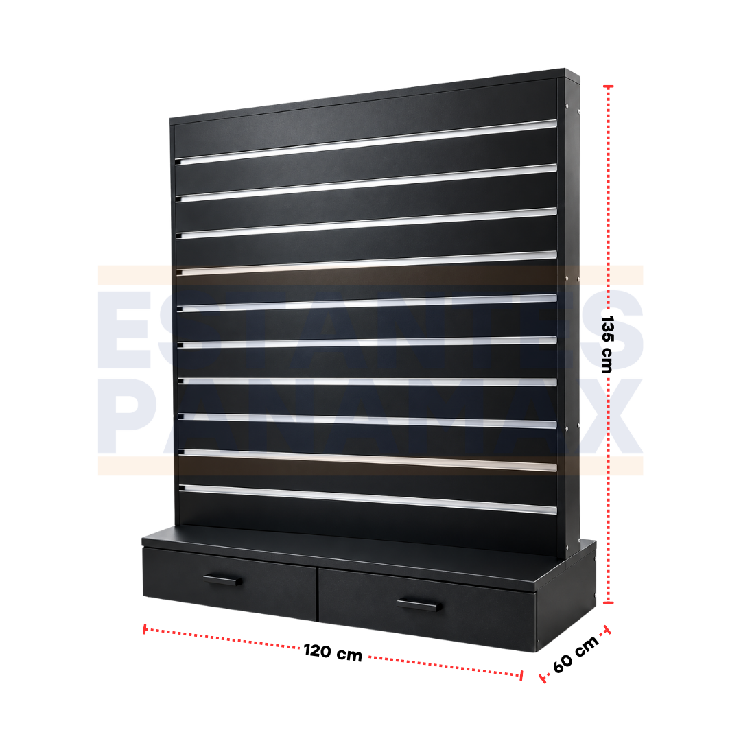 Panel Mueble Exhibidor de Productos MDF Negro con Rieles, Cajones y Base 120×66×135cm Tipo Isla KW-030-BLK