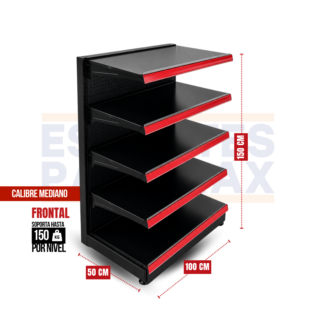 **CALIBRE MEDIO** Góndola Frontal Perforado Negro 5 Niveles 150x100x50cm 150kg/nivel PMX-1178