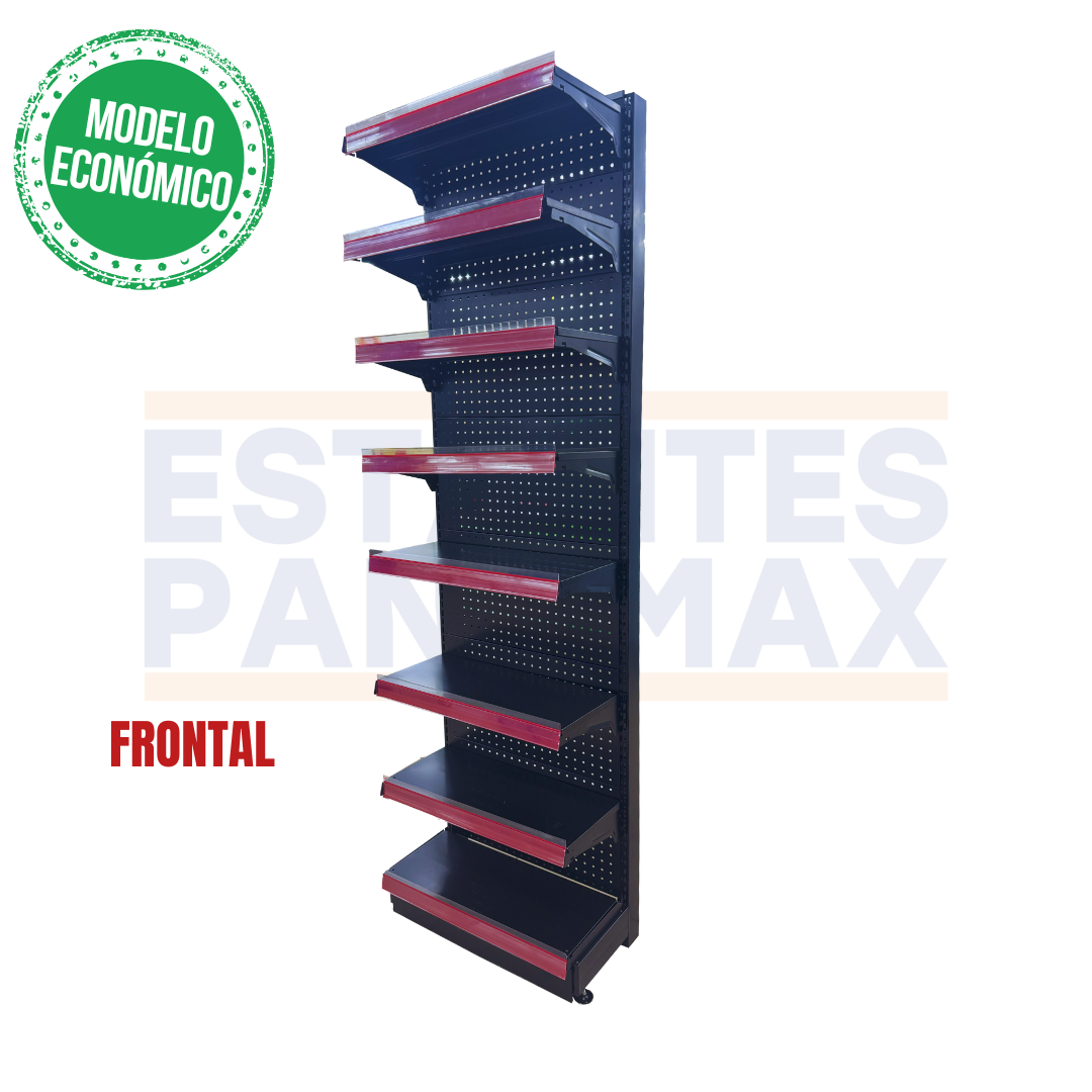 **MODELO ECONÓMICO** Góndola Frontal Perforado Negro 8 Niveles 200x60x33cm 75kg/nivel PMX-3005-F
