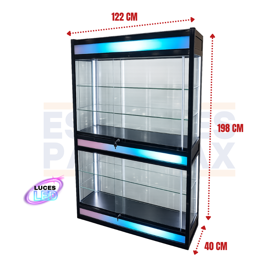 Vitrina Vertical con Bordes de Aluminio Negro 4 Niveles con Luces LED 198x122x44cm KW-027