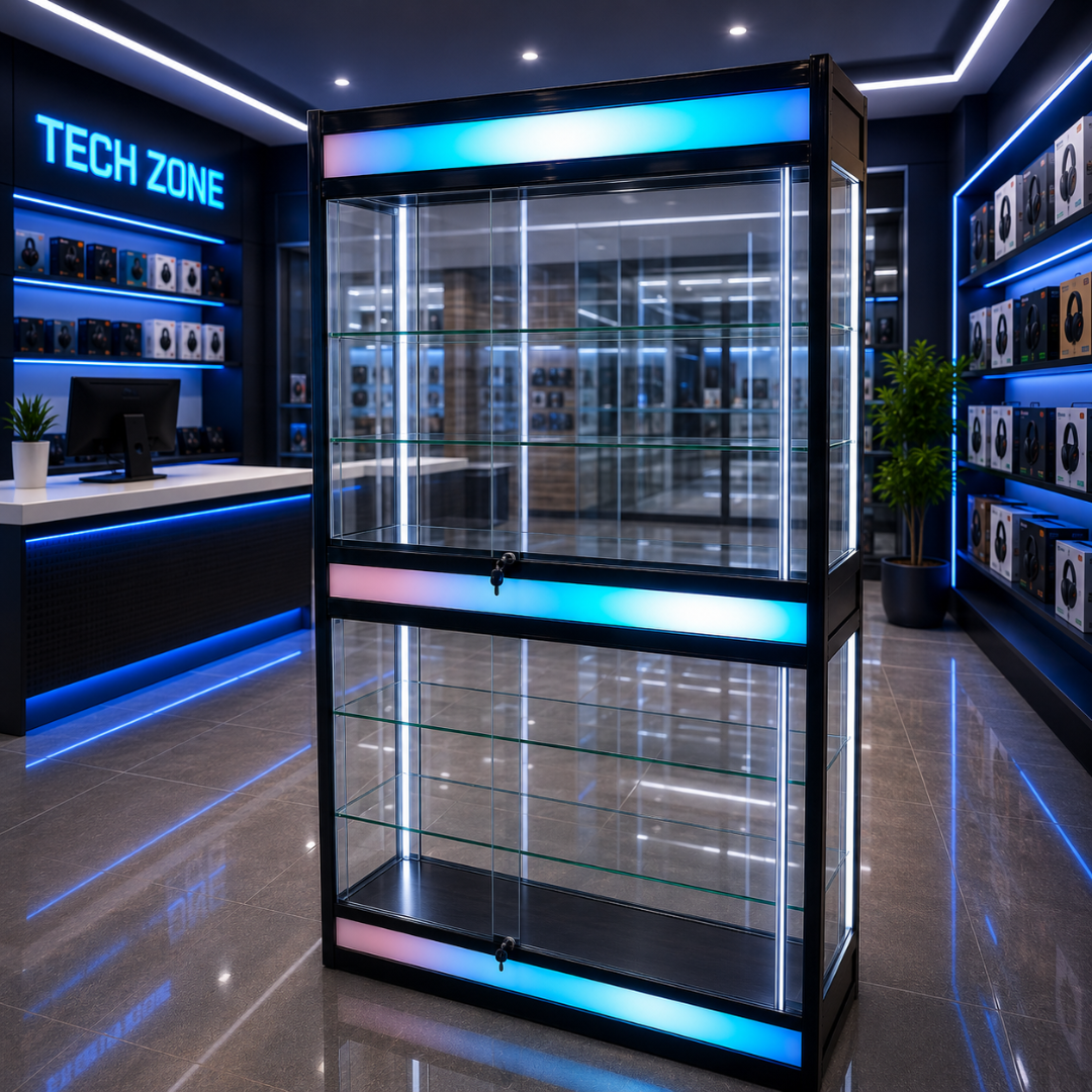 Vitrina Vertical con Bordes de Aluminio Negro 4 Niveles con Luces LED 198x122x44cm KW-027