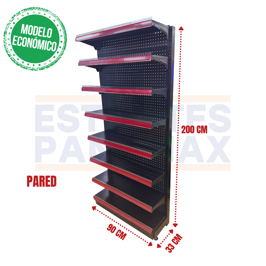 **MODELO ECONÓMICO** Góndola Pared Perforado Negro 8 Niveles 200x90x33cm 75kg/nivel PMX-3005-P