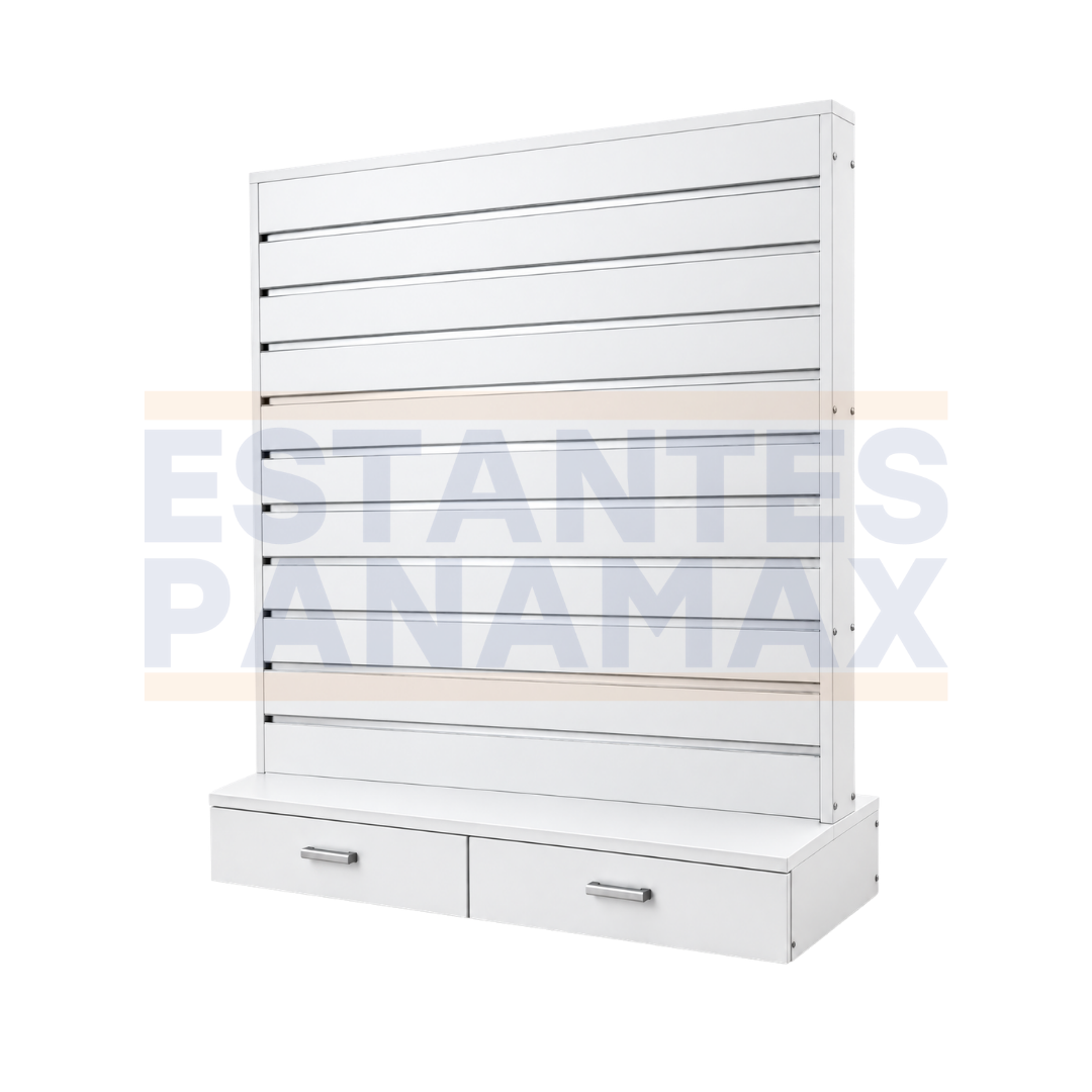 Panel Mueble Exhibidor de Productos MDF Blanco con Rieles, Cajones y Base 120×66×135cm Tipo Isla KW-030-WHT