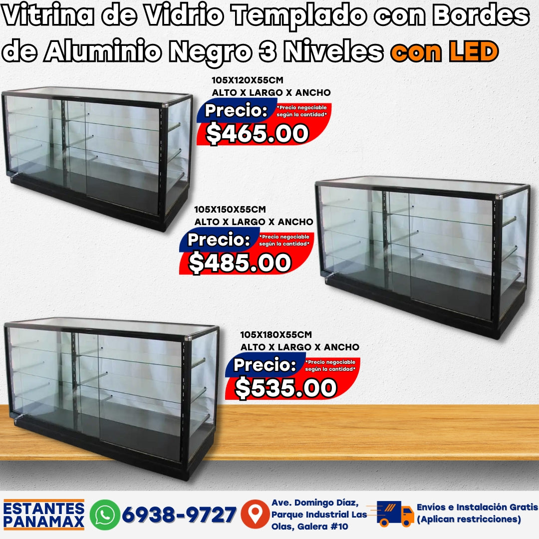 Vitrina de Vidrio Templado con Bordes de Aluminio Negro 3 Niveles con LED de 120cm, 150cm y 180cm de Largo