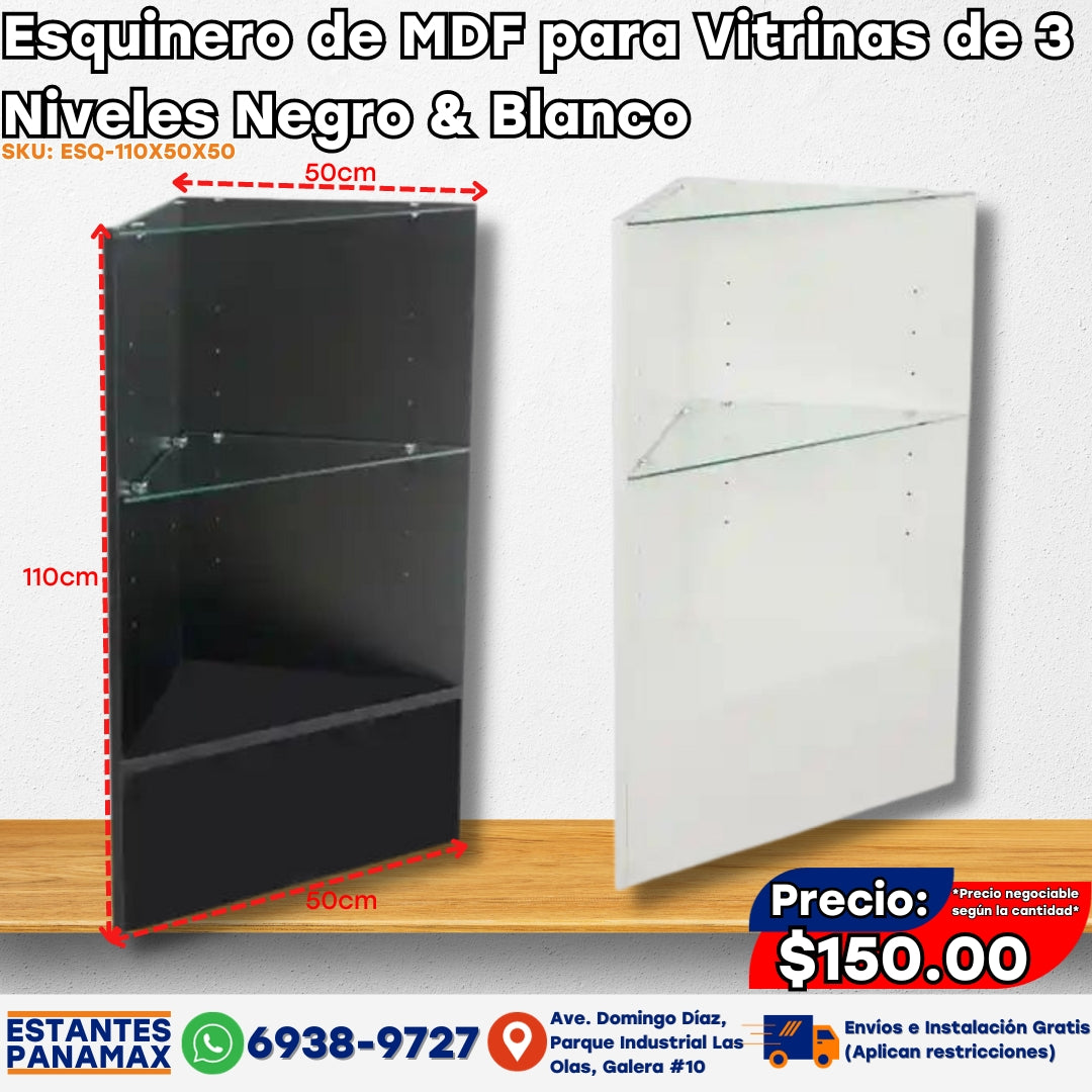 Esquinero de MDF para Vitrinas de 3 Niveles Negro & Blanco