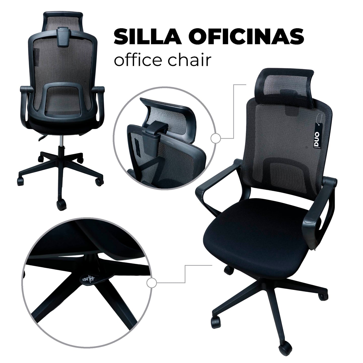 Silla de Oficina Ergonómica con Cabecero, Respaldo de Malla y Apoyabrazos | DU-GZ-07