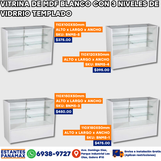 Vitrina de Vidrio Templado de 3 Niveles Base de MDF Color Blanco 4 Tamaños BNM5