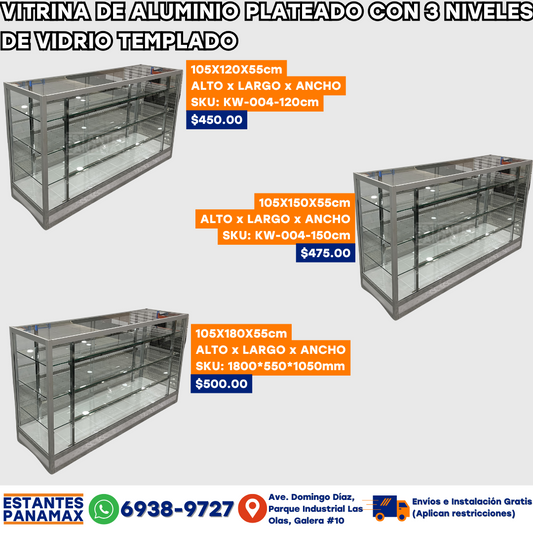 Vitrina de Aluminio Plateado con 3 Niveles de Vidrio Templado 30mm 3 Tamaños Disponible KW-004