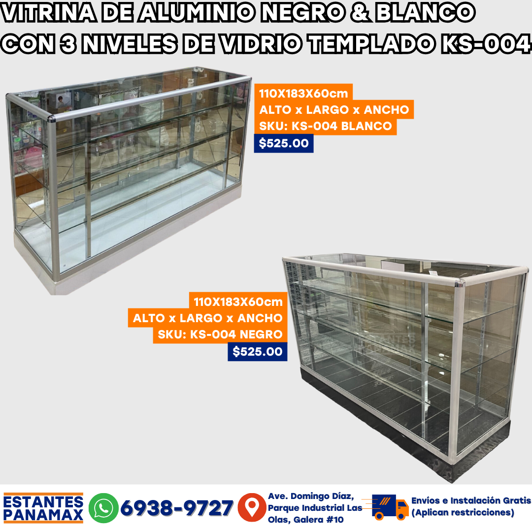 Vitrina de Aluminio Plateado con Base Negro o Blanco de 3 Niveles 110x183x60cm KS-004