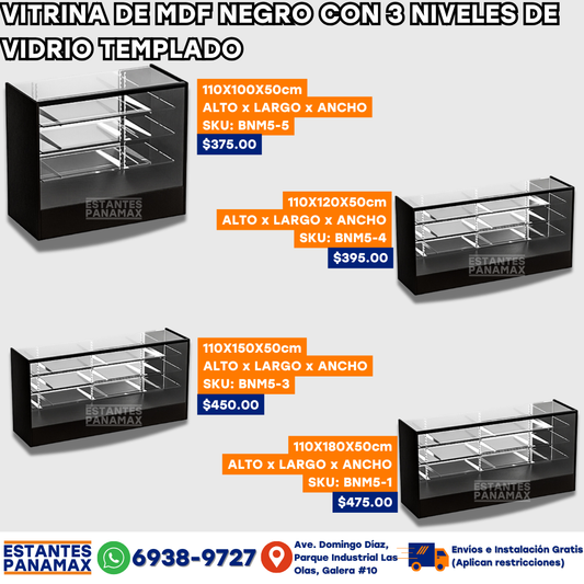 Vitrina de Vidrio Templado de 3 Niveles Base de MDF Color Negro 4 Tamaños BNM5