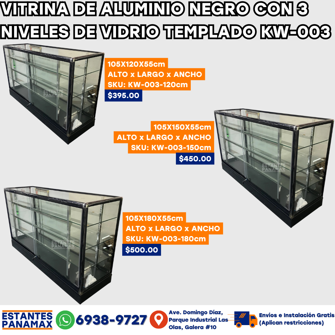 Vitrinas de Aluminio Negro con 3 Niveles de Vidrio Templado KW-003