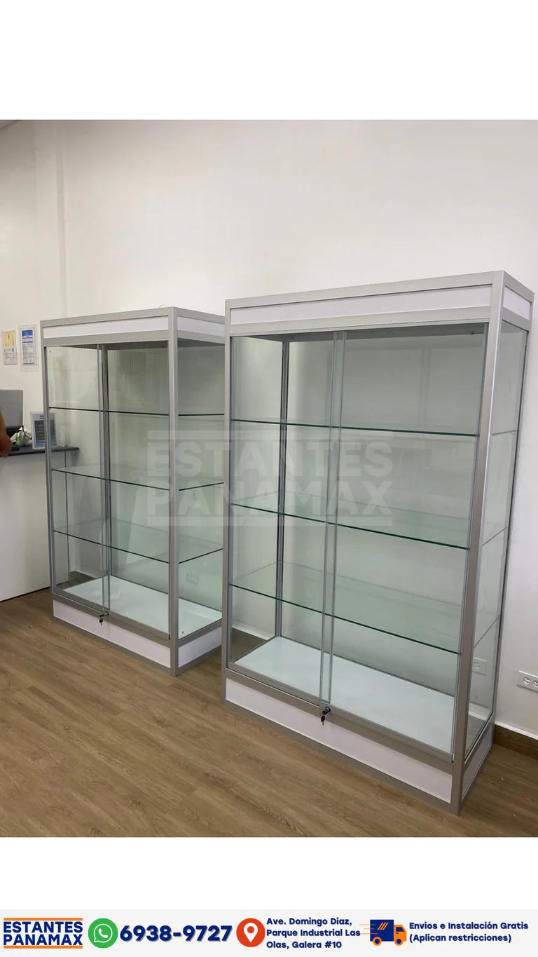 Vitrina Vertical de Aluminio Plateado con Base Blanco 3 Niveles con LED 200x120x50cm KS-005 / KW-006